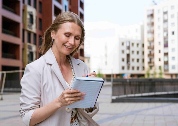 Care worker taking notes in a notebook